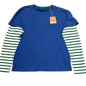 Mini Boden Boys 12-13Y Layered Long Sleeve Tee Blue Green White Stripe Cotton